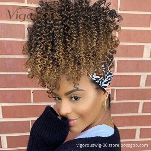 Vigorous Wholesale Ombre Blonde Heat Resistant Fiber Kinky Curly For Asian Women Drawstring Synthetic Ponytail Hair Extension